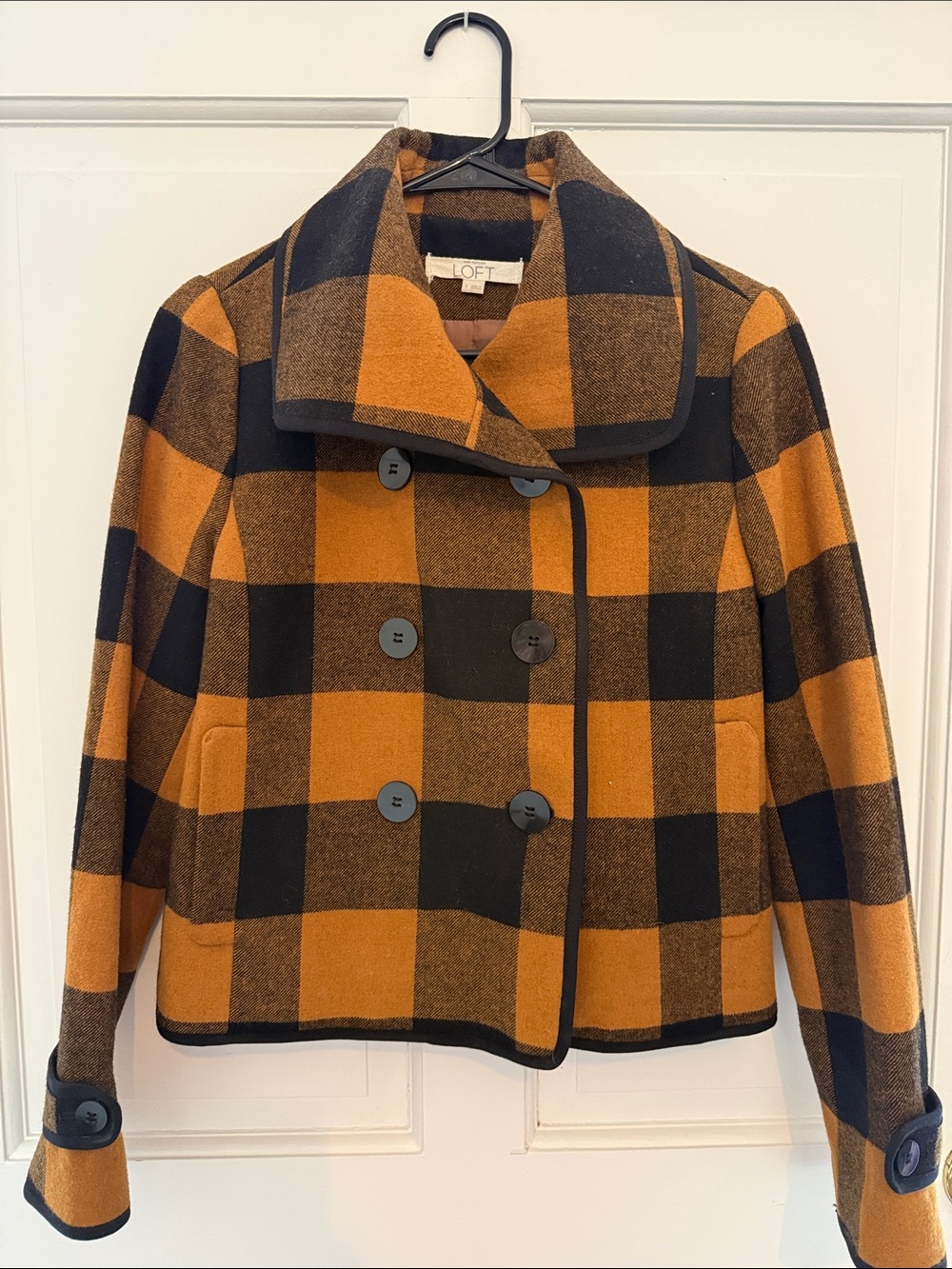 LOFT Mustard and Black Buffalo Plaid Double-Breasted Pea Coat